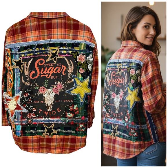 Upcycled Flannel Shirt Shacket Womens L Orange Grunge Patchwork Folk Art Skull - Picture 6 of 16